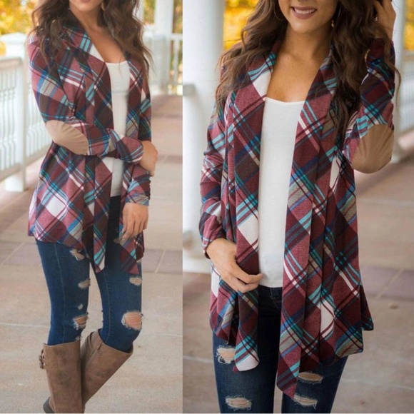 Burgundy Plaid Cardi W/Elbow Patch - Picture 2 of 4